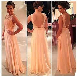 2021 High Quality Nude Back Chiffon Lace Bridesmaid Dresses Long Peach Color Cheap Formal Party Dress Maid of Honor Dress Custom Made