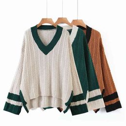 Elegant Women V-Neck Sweater Fashion Ladies Striped Knitted Tops Streetwear Female Causal Loose Pullover Chic Girl 210427