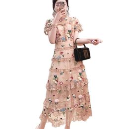 Round neck flower embroidery elegant dress women short sleeve long gauze lace evening summer fashion 210520