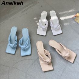 Fashion PU Women's Summer Thin Heels Ladies Shoes Thong Slippers FLIP FLOPS Shallow Rome Solid Concise Pleated 210507