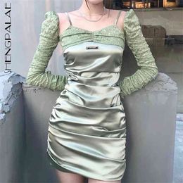 Elegant Glossiness Fake Two Piece Dress Women's Summer V-neck Patchwork Waist Long Sleeve Mini Dresses 5C652 210427