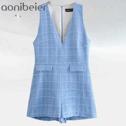 Spring Autumn Fashion Tweed Women Elegant Blue Jumpsuits V Neck Short Office Lady Work Wear Young Chic 210604