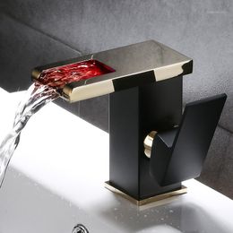 waterfall taps lights Australia - Bathroom Sink Faucets LED Light Basin Brass Mixer Taps & Cold Waterfall Deck Mounted Balck Gold White1