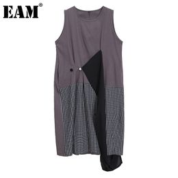 [EAM] Women Irregular Spliced Button Plaid Dress Round Neck Sleeveless Loose Fit Fashion Spring Summer 1DD8572 21512