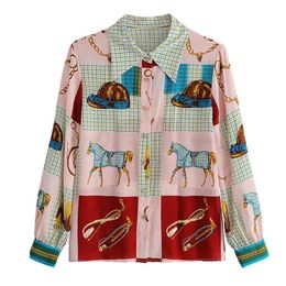 Fashion Women Blouses chian horse printing shirts Spring fall Blouse Long sleeve Tops Blusas Mujer 210323