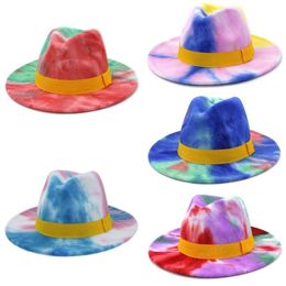 Fashion Flat Brim Jazz Felt Hat Trendy Lady Colorful Tie Dye Panama Faux Wool Fedora Hat Cap with Yellow Band