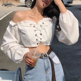 Spring Off-the-shoulder Short Version Blouse Women Puff Sleeve White Black Summer Clothing Streetwear Female Shirt 13866 210518