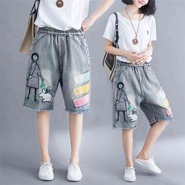 5176 Women Summer Streetwear Elastic High Waist Cartoon Embroidery Cute Korean Style Lady Female Oversized Loose Denim Shorts 210724