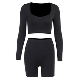 Sexy V Neck Women Two Piece Long Sleeve Slim Cropped Top With High Waist Shorts Summer Ladies Gym Fitness Sport Casual Suit X0428