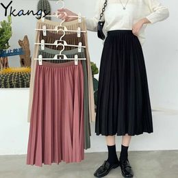 Women Solid Color Long Elastic High Waist Pleated Skirt Korean Style Autumn Fashion Harajuku Winter Office Lady Black Pink Skirt 210619