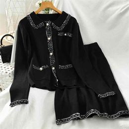 Autumn Sweatsuits For Women Two Piece Set Single Breasted Knit Cardigan Top + Skirt Female 2 Ensemble Femme 210514
