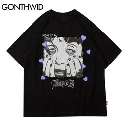 GONTHWID Tshirts Funny Grimace Face Print Tees Shirts Streetwear Mens Hip Hop Harajuku Casual Cotton Short Sleeve Tops Male 210706