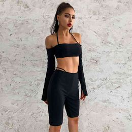 Bandage Women Set Sexy Summer Autumn Arrival Tops Pants Elegant Party Club Two Piece Clothing 210515