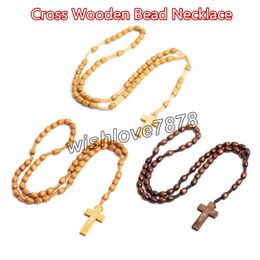 Handmade Religious Jewelry 3 Colors Catholic Prayer Oval Bead Punk Rosary Necklace Wooden Ross Pendant Necklace Accessories