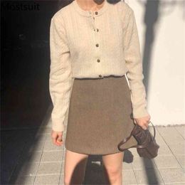 Autumn Korean Vintage Fashion 2 Piece Skirt Sets Women Twisted Knitted Cardigan + High Waist Woolen A-line Mini Suits 210513