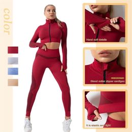 Women Fitness Sport Yoga Suit Seamless Sets Long Sleeve Clothing Female Gym Suits Wear Running Clothes 210813