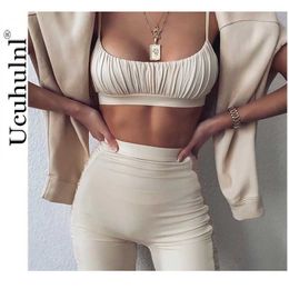 Casual Ruched Women Two Piece Set Crop Top Strap Biker Shorts Fitness Co Ord Matching 2021 Summer Clothes Outfit Tracksuit Y0702