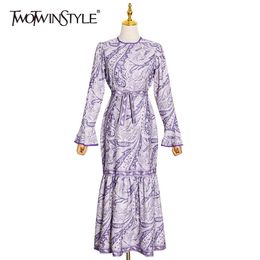 TWOTWINSTYLE Vintage Printed Women's Dress O Neck Flare Sleeve High Waist Hit Colour Lacea Up Bowknot Dresses Female Autumn 210517