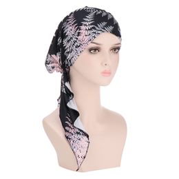 Fashion Women Printed Head Wrap Cap Muslim Stretchy Hijabs Hats Long Tail Head Scarf Hair Loss Hat Chemo Cap Ready to Wear