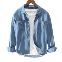 Men Casual Denim Shirt 100% Pure Cotton Solid Long Sleeve Cowboy Tops Male High Quality Turn-down Collar Blue Vintage Clothing 210601