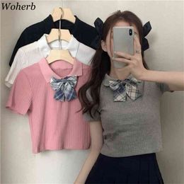 Summer Girls Sexy Crop Top T-shirt Bow Patch Kawaii Cute Tshirts Korean Women Slim Short Sleeve T Shirts Streetwear 210519