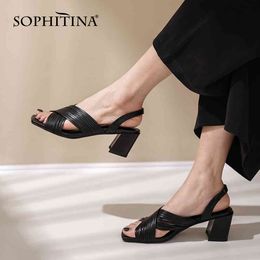 SOPHITINA Women's Sandals Chunky Square Toe Roman Brown Black Cross Strap Comfortable Summer Womens Shoes PO632 210513