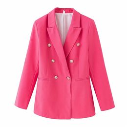 Elegant women chic button blazer office ladies pocket jackets casual female slim notched suits solid pink girls sets 211006