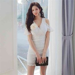 Summer Lace Dresses V-neck Butterfly Sleeve Off Shoulder Women Office Bandage Bodycon Sexy Party Midi Pencil 210603