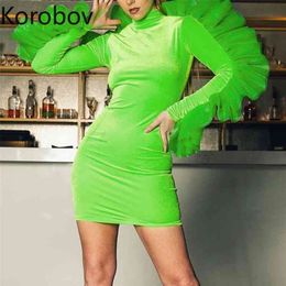 Korobov Elegant Mesh Patchwork Ruffles Long Sleeve Women Dresses Spring Chic Stand Collar Dresses A Line Sexy Vestidos 79573 210430