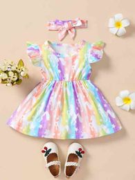 Baby Rainbow Striped Unicorn Print Ruffle Sleeve Dress With Headband SHE