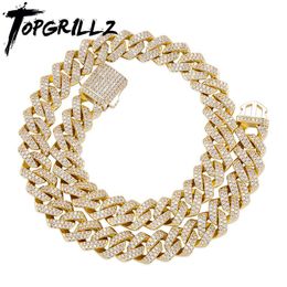 TOPGRILLZ 12/14mm Miami Cuban Chain Necklace With Spring Clasp Full Iced Cubic Zirconia White/Yellow Gold Hiphop Fashion Jewellery X0509