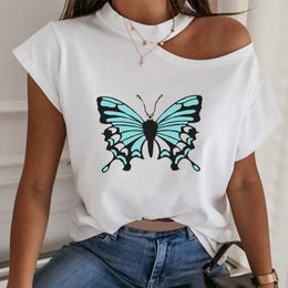 Women White T-shirt One-shoulder Female T-shirts Short Sleeve 95% Cotton Basic Casual Simple Loose Summer 210518