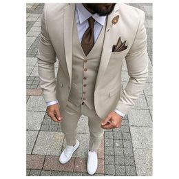 Classic Style One Button Beige Groom Tuxedos Notch Lapel Wedding/Prom/Dinner Groomsmen Men Suits Blazer (Jacket+Pants+Vest+Tie) W1469