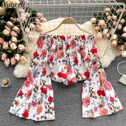 Sexy Off Shoulder Print Blouses Womens Slash Neck Elastic Pleated Shirts Summer Fashion Slim Fit Streetwear Short Tops 210519