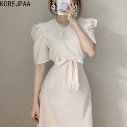 Korejpaa Women Dress Summer Korean Chic Fresh Sweet Temperament Embroidered Doll Collar Bow Tie Waist Short-Sleeve Vestidos 210526