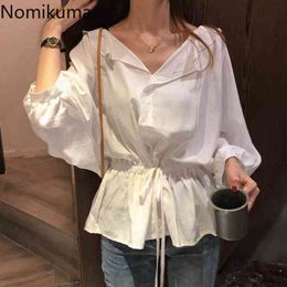 Nomikuma Solid Colour V Neck Loong Sleeve Blouse Women Slim Waist Lace Up Elegant Shirts Tops Female Arrival Blusas 3a219 210514
