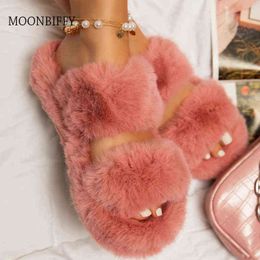 Indoor Women Fur Slippers Fluffy Soft Furry Slides Thick Flats Heel Non Slip House Shoes Ladies Luxury Design Footwear Whosale H1115
