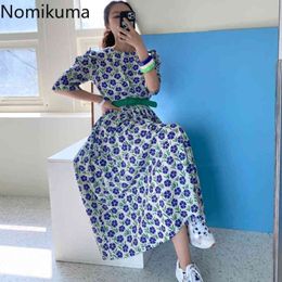 Nomikuma Korean Vintage Dress Women O Neck Short Puff Sleeve Slim Waist Dresses Slim Waist Flower Pattern Robe Femme with Belt 210514