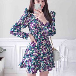 Spring Fashion Long Sleeve Dress Summer Elegant Women Vintage Floral Boho Beach Mini V-Neck Party Vestidos 210514