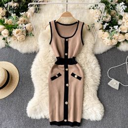 Neploe O Neck Sleeveless Knit Sweater Dress Women High Waist Hip Skinny Button Vestidos Summer Candy Color Robe Sueter 210510