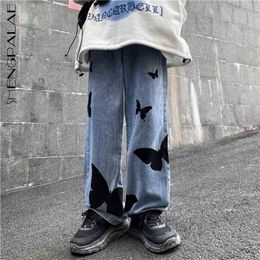 Butterfly Pattern Jeans Women's Autumn Spring Korean Wide Leg Loose High Waist Straight Cowboy Pants 5A1034 210427