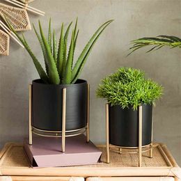 Nordic Vase Succulent Balcony Round Black Thick Wrought Iron Flower Pot Creative Home Countertop Decorative Flower 210922
