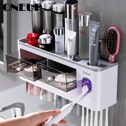 ONEUP Multifunction Bathroom Accessories Magnetic Toothbrush Holder Automatic Toothpaste Squeezer For Bathroom Wall Storage Rack 210322