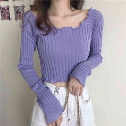 Spring Autumn Women's Tops Korean Style Solid Colour Square Neck Long-sleeved Sweater Slimming Short Knitted Shirt GX552 210507
