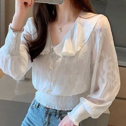 Long Sleeve White Blouse Women Tops Blouse Women Blusas Mujer De Moda Doll Collar Chiffon Blouse Shirt Women Clothing E564 210602