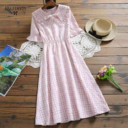 Mori Girl Summer Women Plaid Dress 100%Cotton Linen Flare Sleeve Casual Femininos Vestidos Vintage Elegant Sweet Ladies 210520