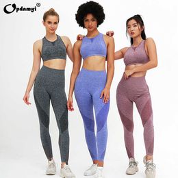 Women Seamlyoga set FitnSports underwear Suits GYM Cloth Yoga SleevelTops High Waist Running Leggings Workout Pants X0629