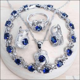 Bracelet, Earrings & Necklace Jewelry Sets Blue Zirconia Womens Sets, 925 Sterling Sier, Wedding Apparel Jewelry, Earrings, Rings, Bracelets