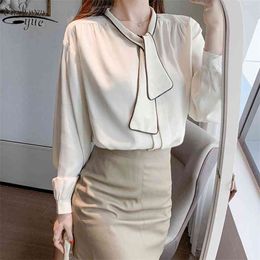 Office Lady Long Sleeve Solid Female Shirts with Tie Fashion Chiffon Blouse Women Plus Size Puff Clothing 13046 210427