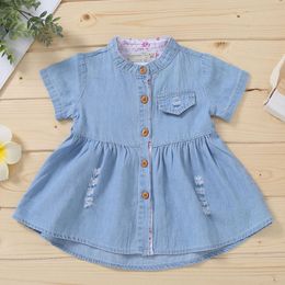 Fashion Baby Dress Set Toddler Baby Girls One Pocket Lovely Denim Dress Short Sleeve Button Skirt Baby Girl Clothes Set Q0716